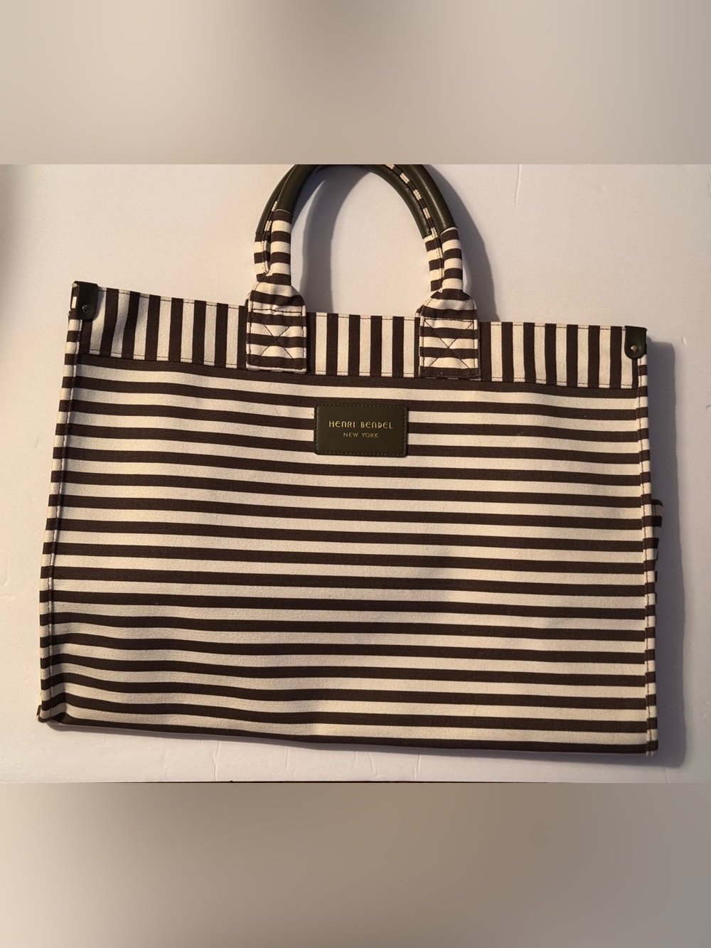 henri bendel olive Green /Brown and White Striped Canvas Tote